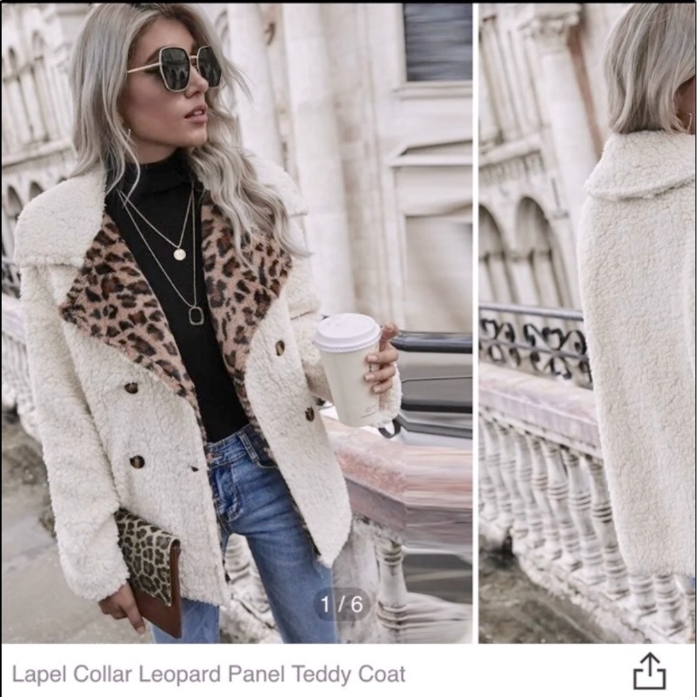 SOLD!!! Shein Cream FauxFur Teddy Coat with Leopard Fold Over Panel size Small